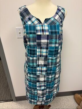 Talbots Teal & Navy Plaid Sleeveless Shift Dress